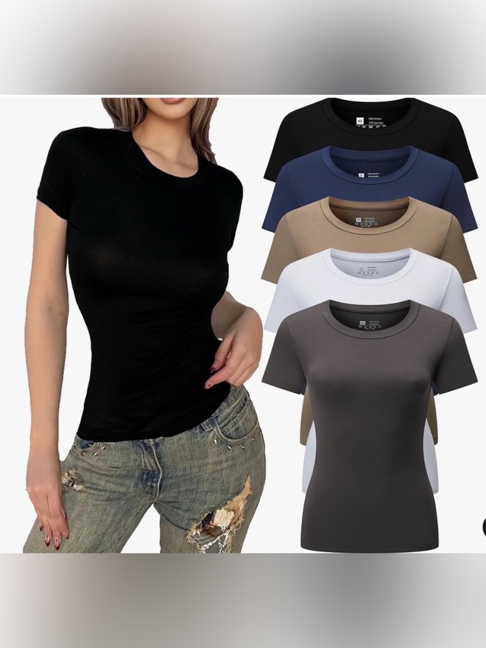 5PCS Women's Crewneck Slim Fitted Short Sleeve T-Shirt Stretchy Bodycon